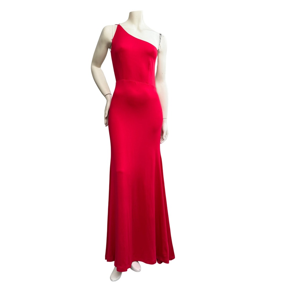 Red‎ One Shoulder Full Length Gown Fit + Flare Strappy Low Ruched Back Formal S